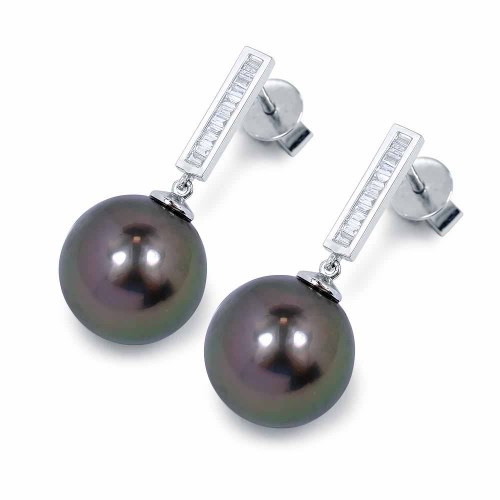 Tahiti gyöngy fülbevaló, 12mm - baguette gyémántokkal
